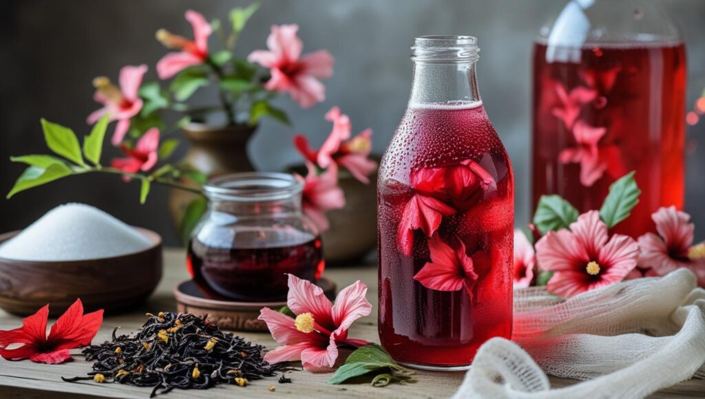 Hibiscus Kombucha (Home Brew) picture with preparatory items (1)