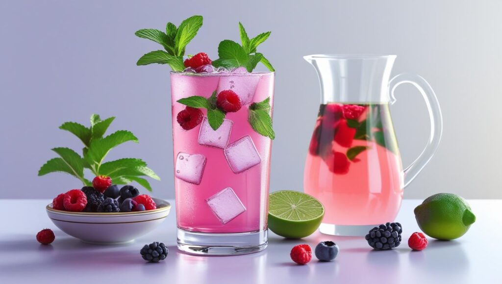 Hibiscus Mocktail Spritzer and preparatory items lemon or lime juice, Mint leaves, berries for garnish, hot water, ice cubes (1)